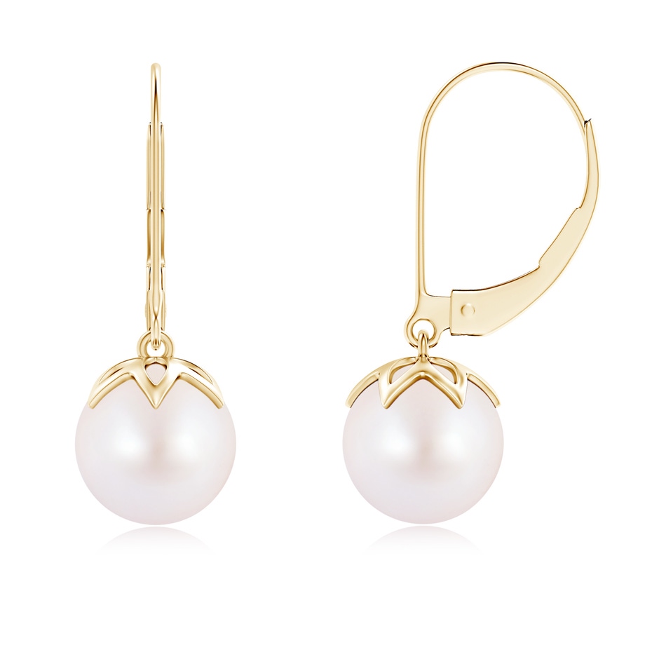 8mm AA Japanese Akoya Pearl Leverback Drop Earrings in Yellow Gold 