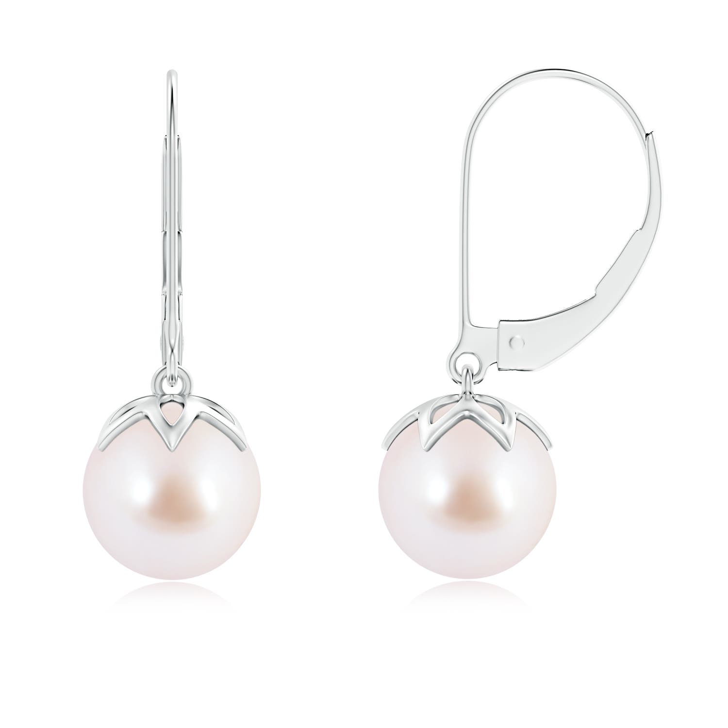 8mm AAA Japanese Akoya Pearl Leverback Drop Earrings in White Gold