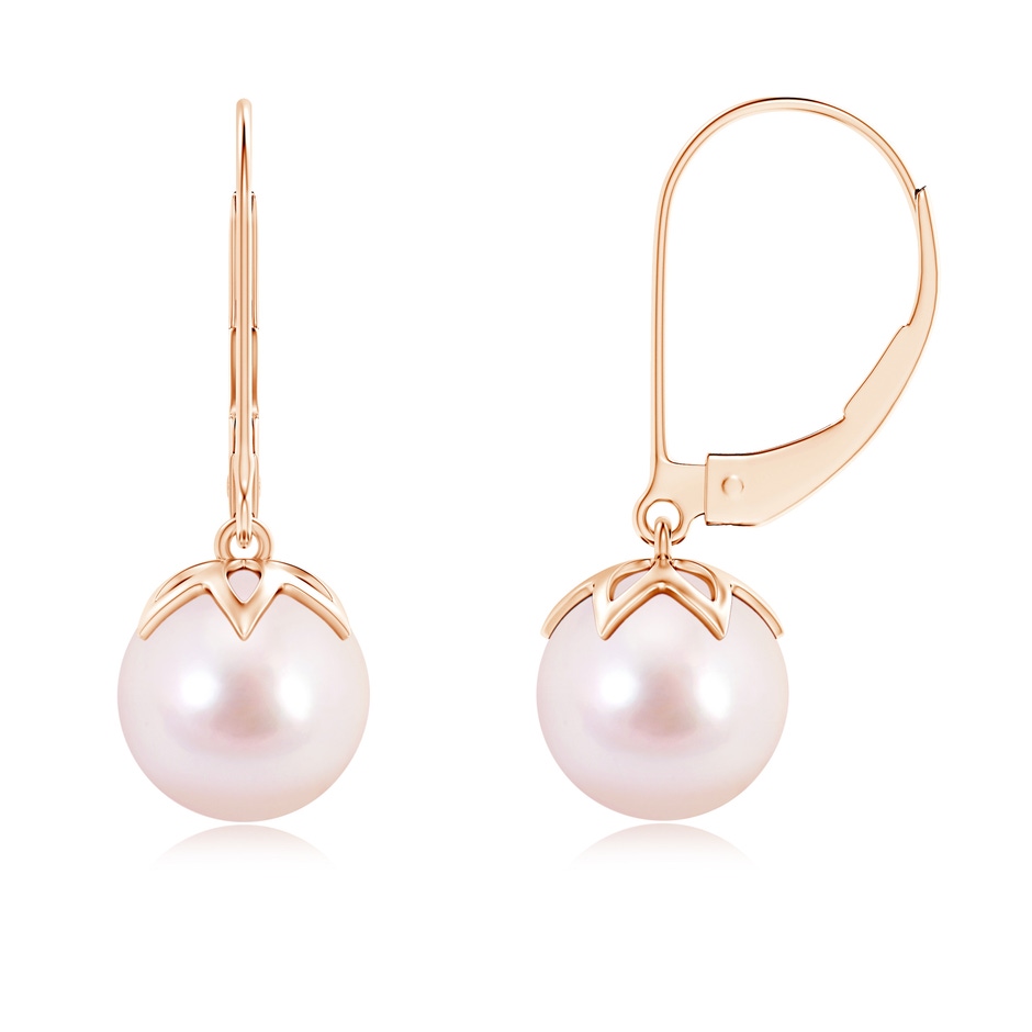 8mm AAAA Japanese Akoya Pearl Leverback Drop Earrings in Rose Gold 