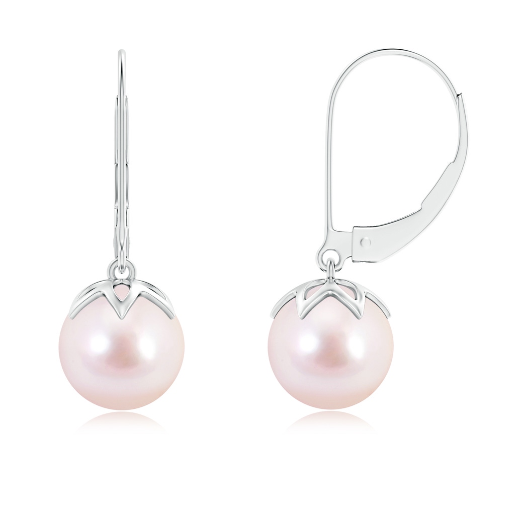 8mm AAAA Japanese Akoya Pearl Leverback Drop Earrings in White Gold