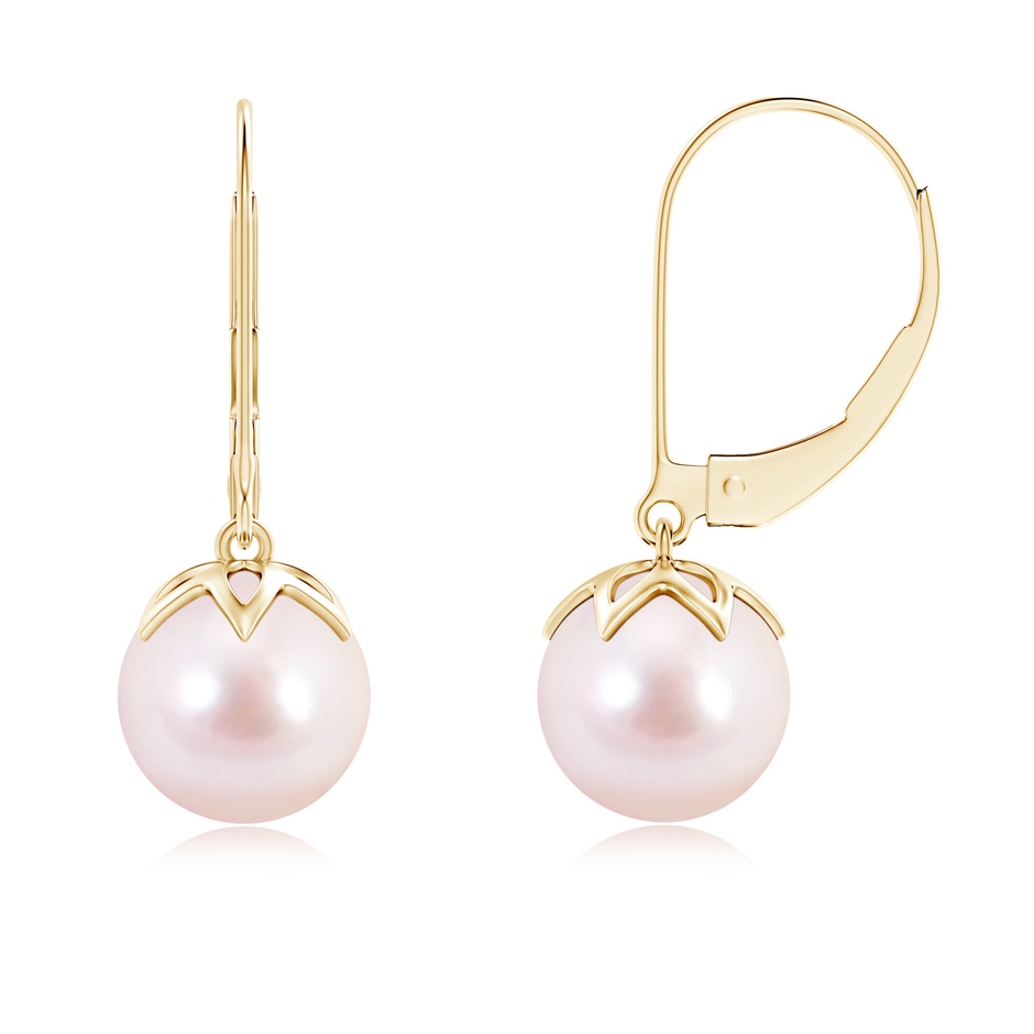 8mm AAAA Japanese Akoya Pearl Leverback Drop Earrings in Yellow Gold 