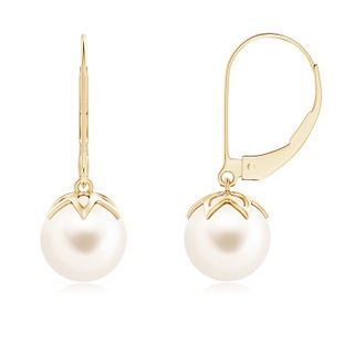 8mm AAA Freshwater Pearl Leverback Drop Earrings in Yellow Gold