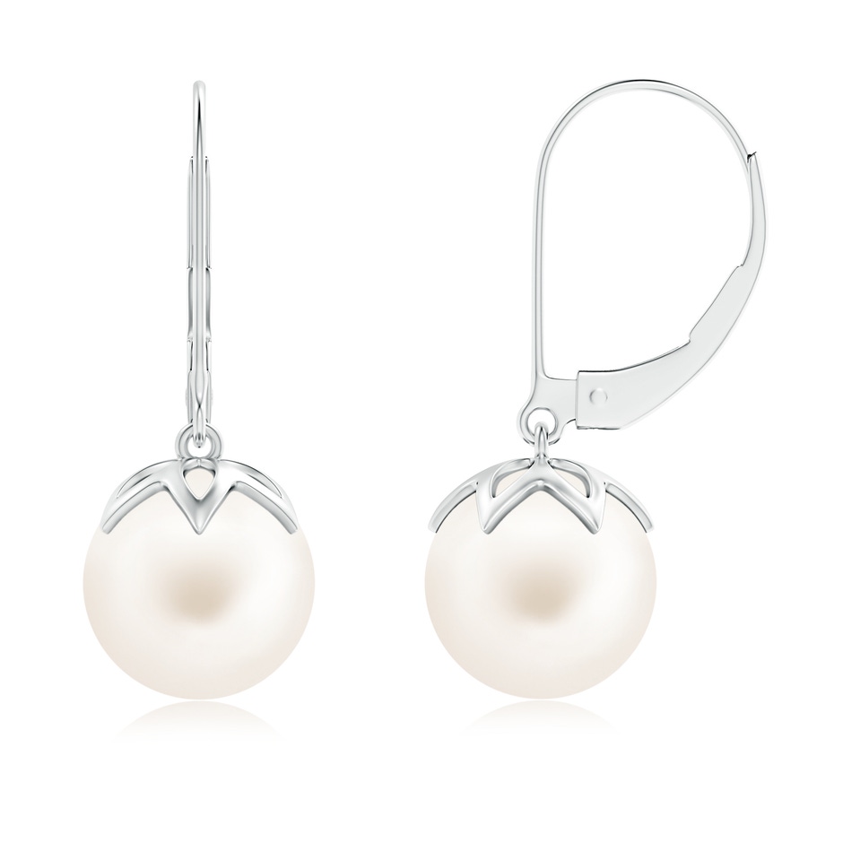 9mm AA Freshwater Pearl Leverback Drop Earrings in White Gold 