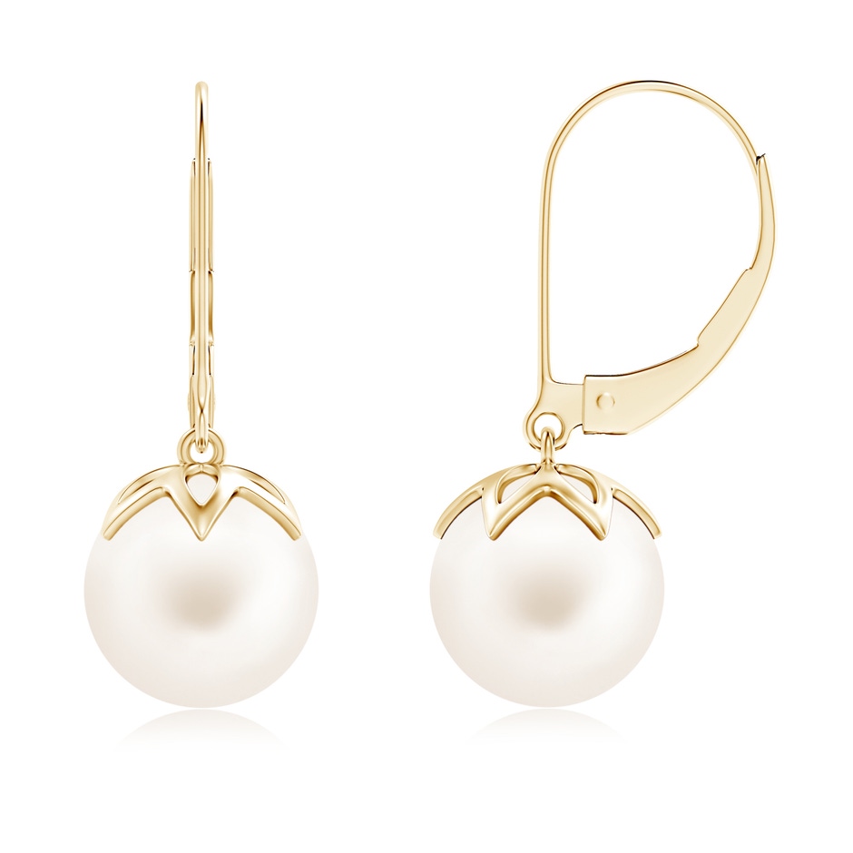 9mm AA Freshwater Pearl Leverback Drop Earrings in Yellow Gold 