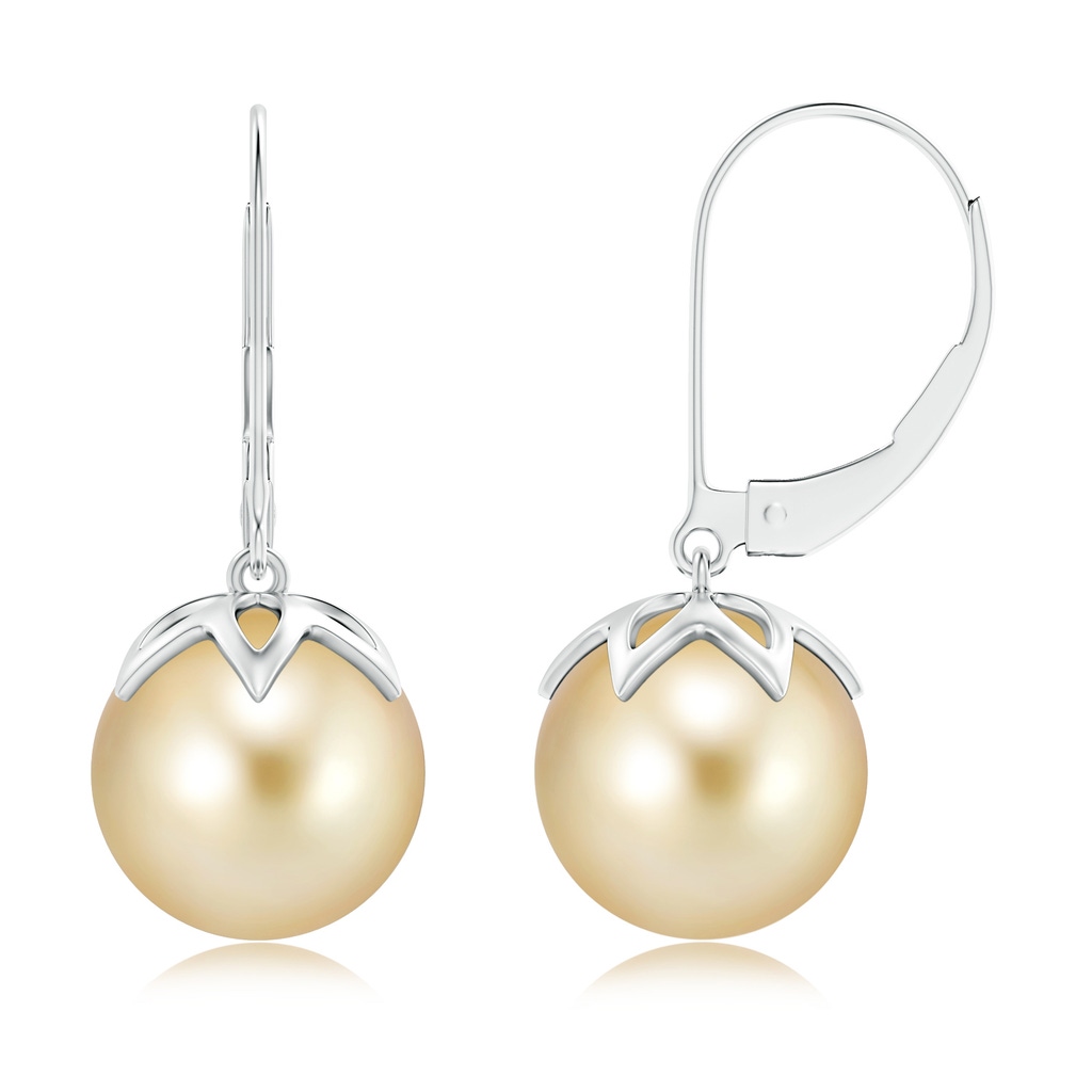 10mm AAAA Golden South Sea Cultured Pearl Leverback Drop Earrings in White Gold