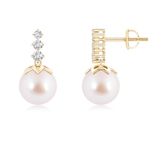 8mm AAA Akoya Cultured Pearl Earrings with Graduated Diamond in Yellow Gold