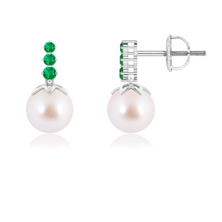 6mm AAA Japanese Akoya Pearl Earrings with Graduated Emerald in White Gold