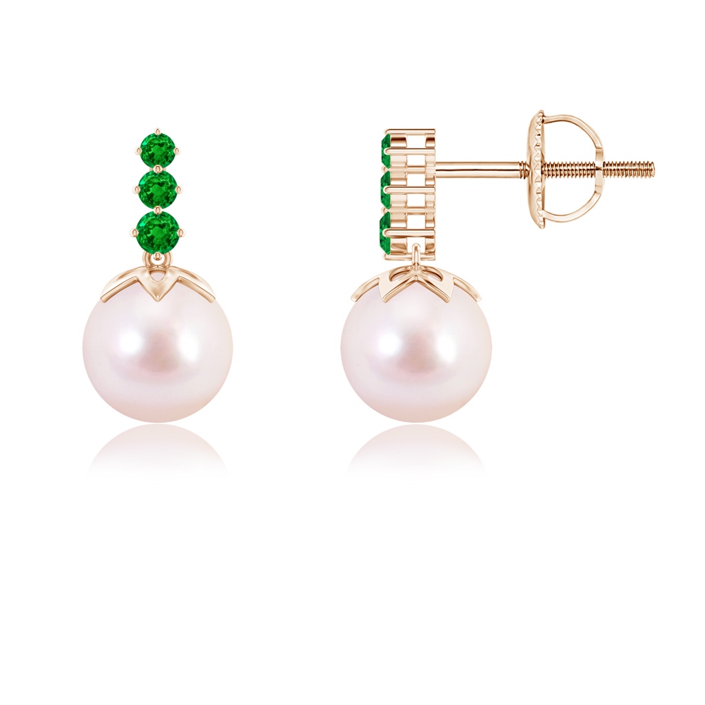 6mm AAAA Japanese Akoya Pearl Earrings with Graduated Emerald in Rose Gold