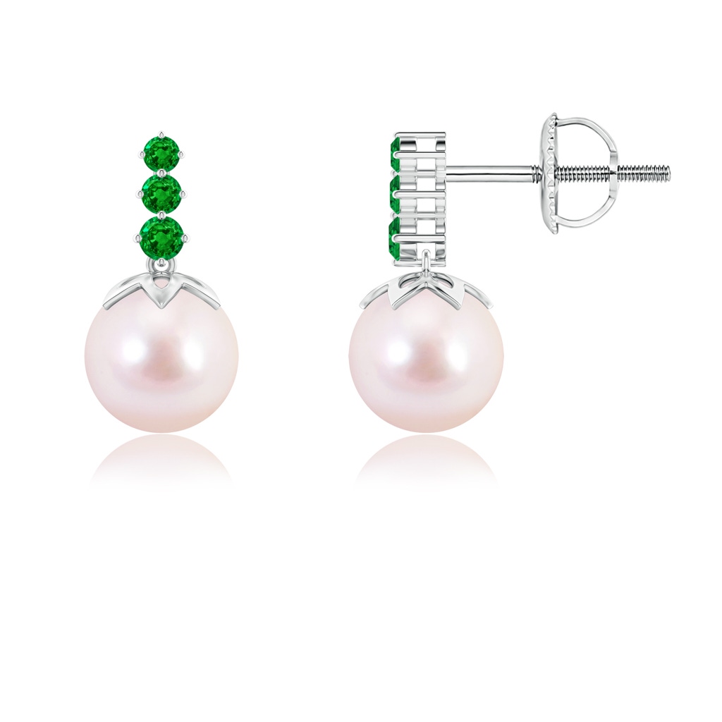 6mm AAAA Japanese Akoya Pearl Earrings with Graduated Emerald in White Gold