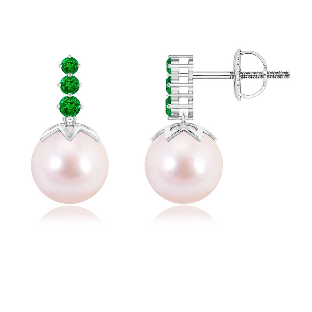 7mm AAAA Japanese Akoya Pearl Earrings with Graduated Emerald in White Gold