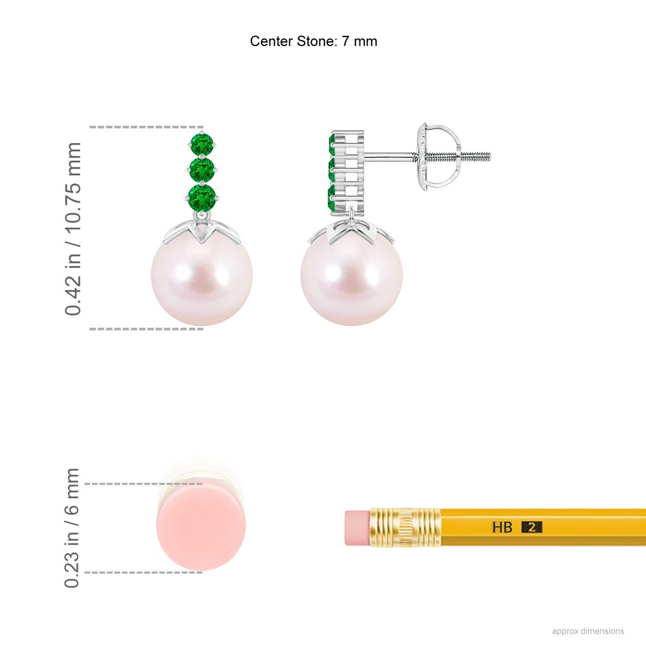 7mm AAAA Japanese Akoya Pearl Earrings with Graduated Emerald in White Gold ruler