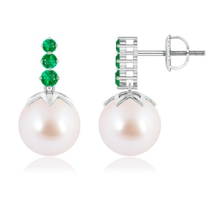 8mm AAA Japanese Akoya Pearl Earrings with Graduated Emerald in White Gold