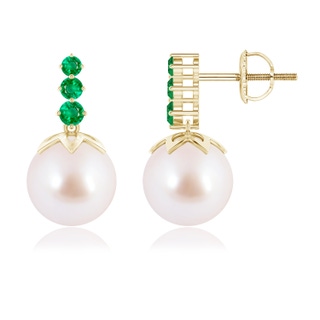 8mm AAA Japanese Akoya Pearl Earrings with Graduated Emerald in Yellow Gold