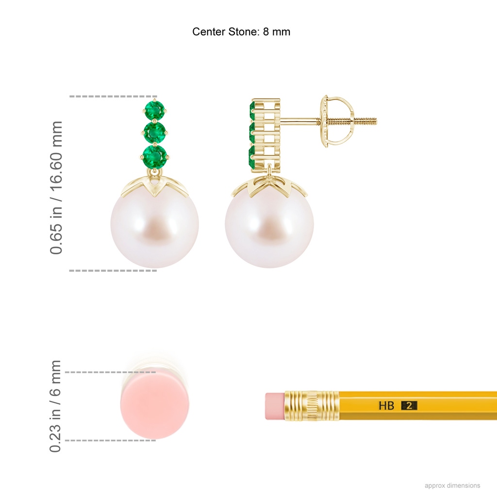 8mm AAA Japanese Akoya Pearl Earrings with Graduated Emerald in Yellow Gold Ruler