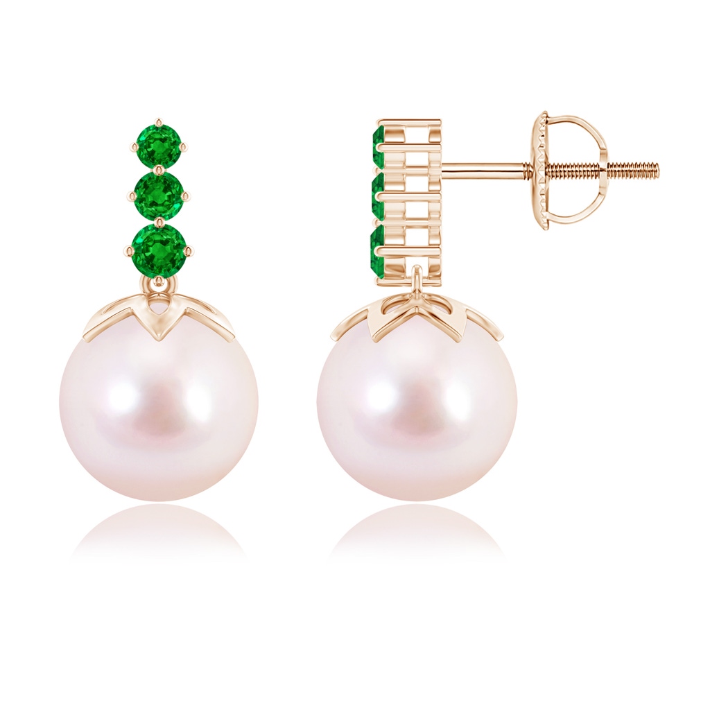 8mm AAAA Japanese Akoya Pearl Earrings with Graduated Emerald in Rose Gold