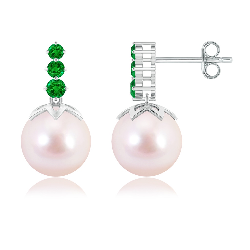 8mm AAAA Japanese Akoya Pearl Earrings with Graduated Emerald in S999 Silver