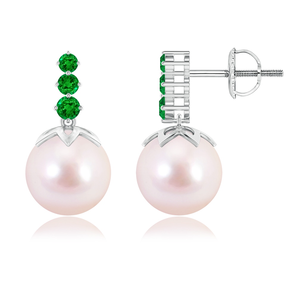 8mm AAAA Japanese Akoya Pearl Earrings with Graduated Emerald in White Gold