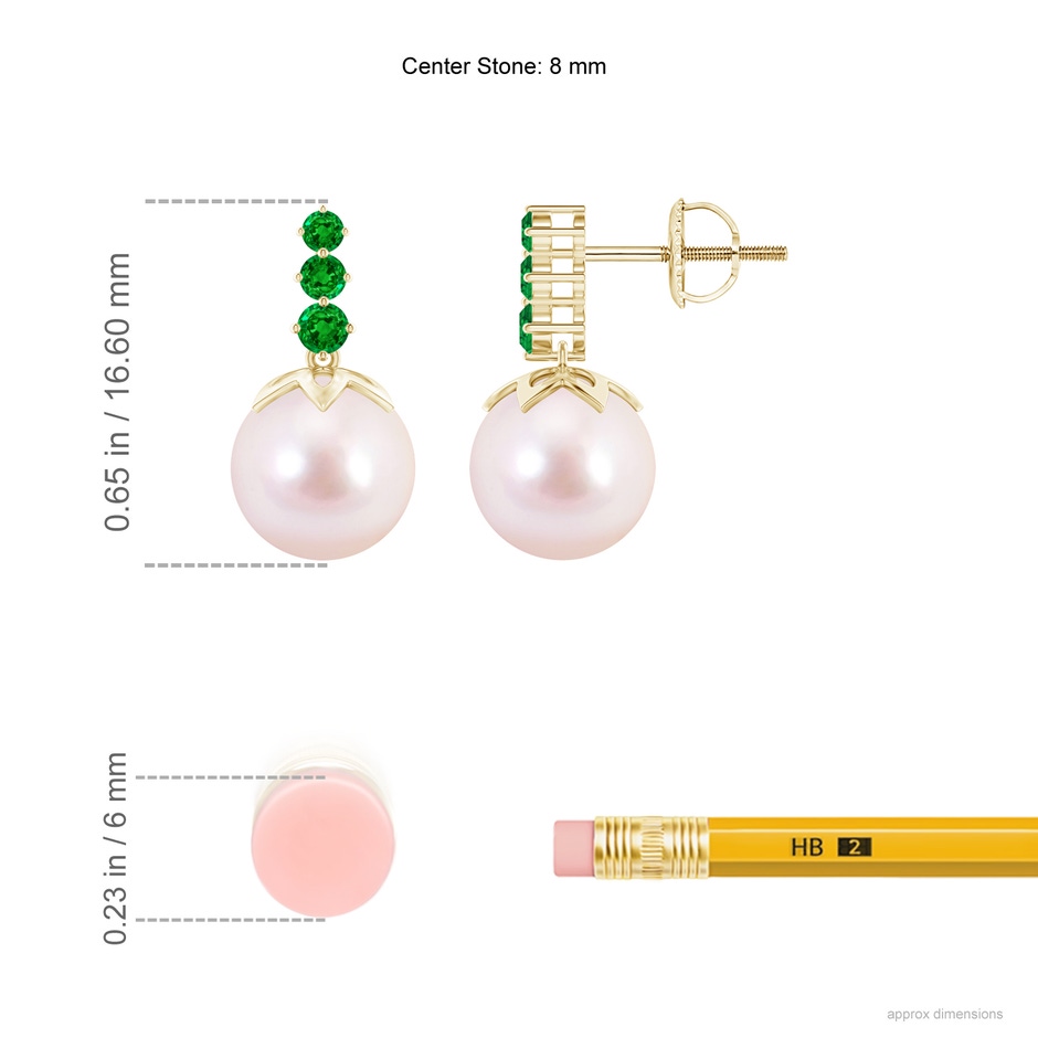 8mm AAAA Japanese Akoya Pearl Earrings with Graduated Emerald in Yellow Gold ruler