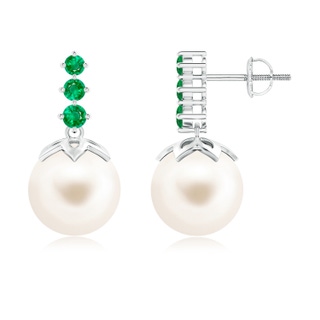 10mm AAA Freshwater Pearl Earrings with Graduated Emerald in White Gold