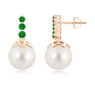 10mm AAAA Freshwater Pearl Earrings with Graduated Emerald in Rose Gold