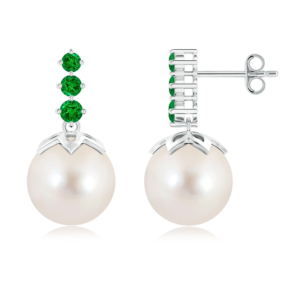 10mm AAAA Freshwater Pearl Earrings with Graduated Emerald in S999 Silver