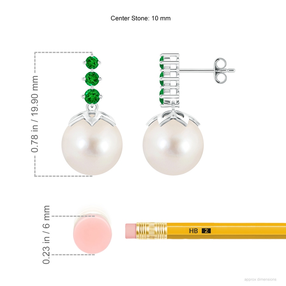 10mm AAAA Freshwater Pearl Earrings with Graduated Emerald in S999 Silver ruler