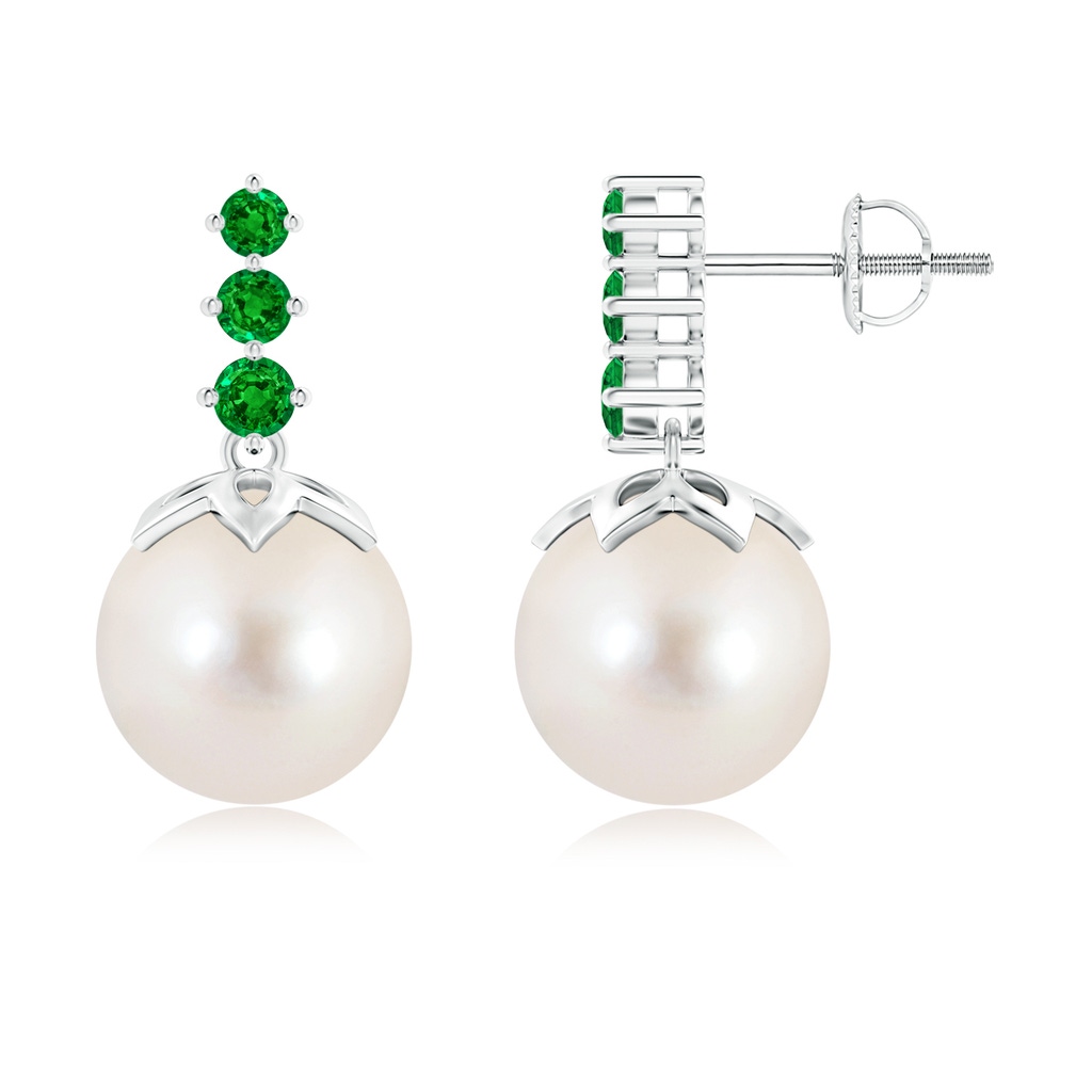 10mm AAAA Freshwater Pearl Earrings with Graduated Emerald in White Gold