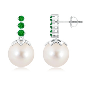 10mm AAAA Freshwater Pearl Earrings with Graduated Emerald in White Gold