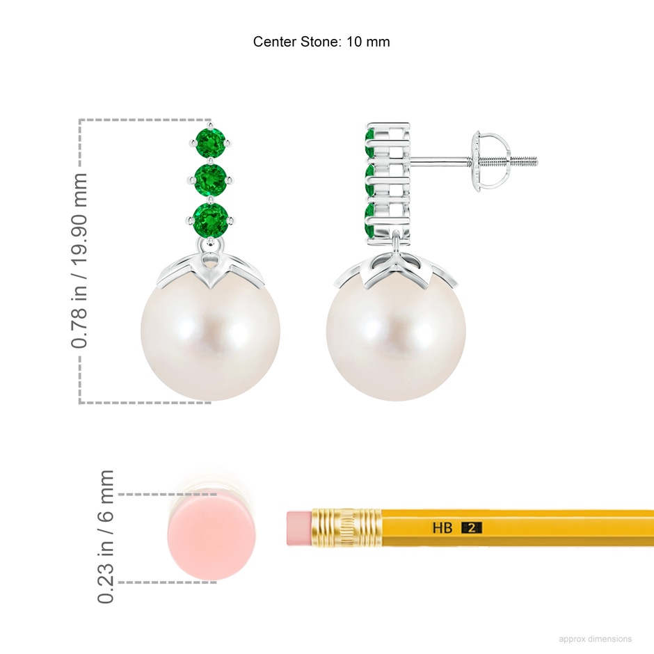 10mm AAAA Freshwater Pearl Earrings with Graduated Emerald in White Gold ruler