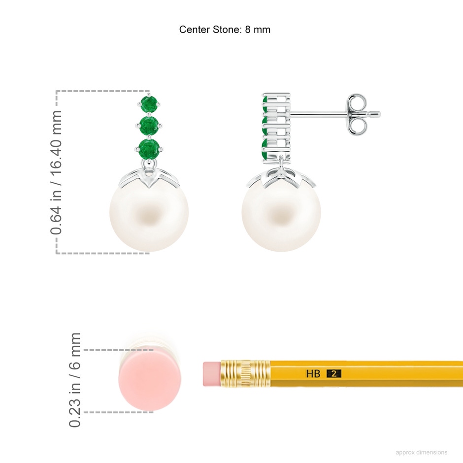 8mm AA Freshwater Pearl Earrings with Graduated Emerald in S999 Silver ruler