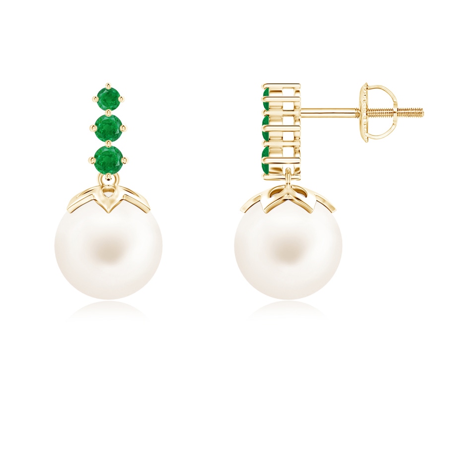 8mm AA Freshwater Pearl Earrings with Graduated Emerald in Yellow Gold 