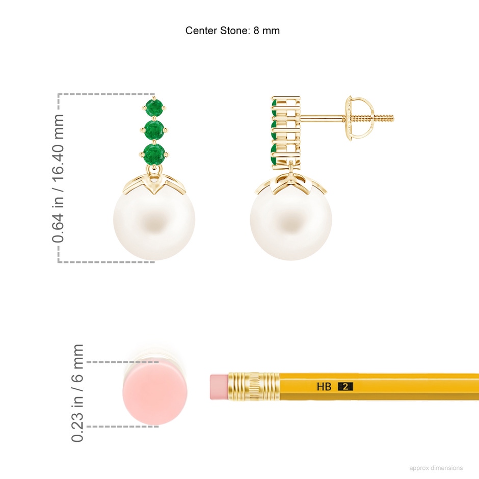 8mm AA Freshwater Pearl Earrings with Graduated Emerald in Yellow Gold ruler