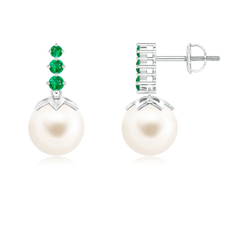8mm AAA Freshwater Pearl Earrings with Graduated Emerald in White Gold