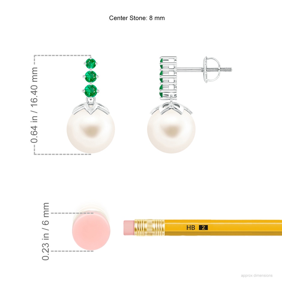 8mm AAA Freshwater Pearl Earrings with Graduated Emerald in White Gold ruler