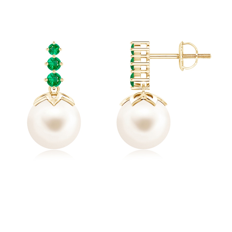 8mm AAA Freshwater Pearl Earrings with Graduated Emerald in Yellow Gold 