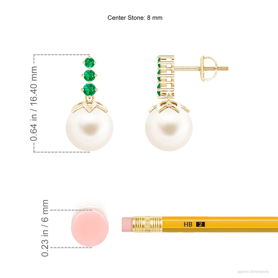 8mm AAA Freshwater Pearl Earrings with Graduated Emerald in Yellow Gold ruler