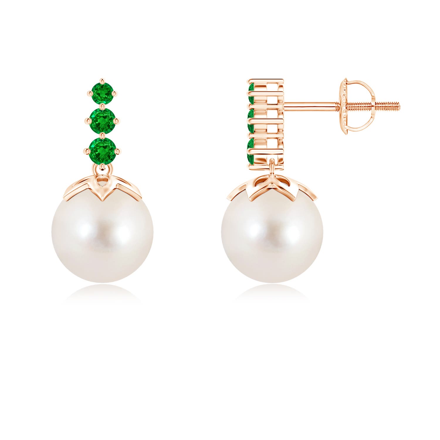 8mm AAAA Freshwater Pearl Earrings with Graduated Emerald in 18CT Rose Gold