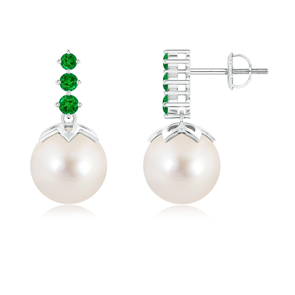 9mm AAAA Freshwater Pearl Earrings with Graduated Emerald in White Gold