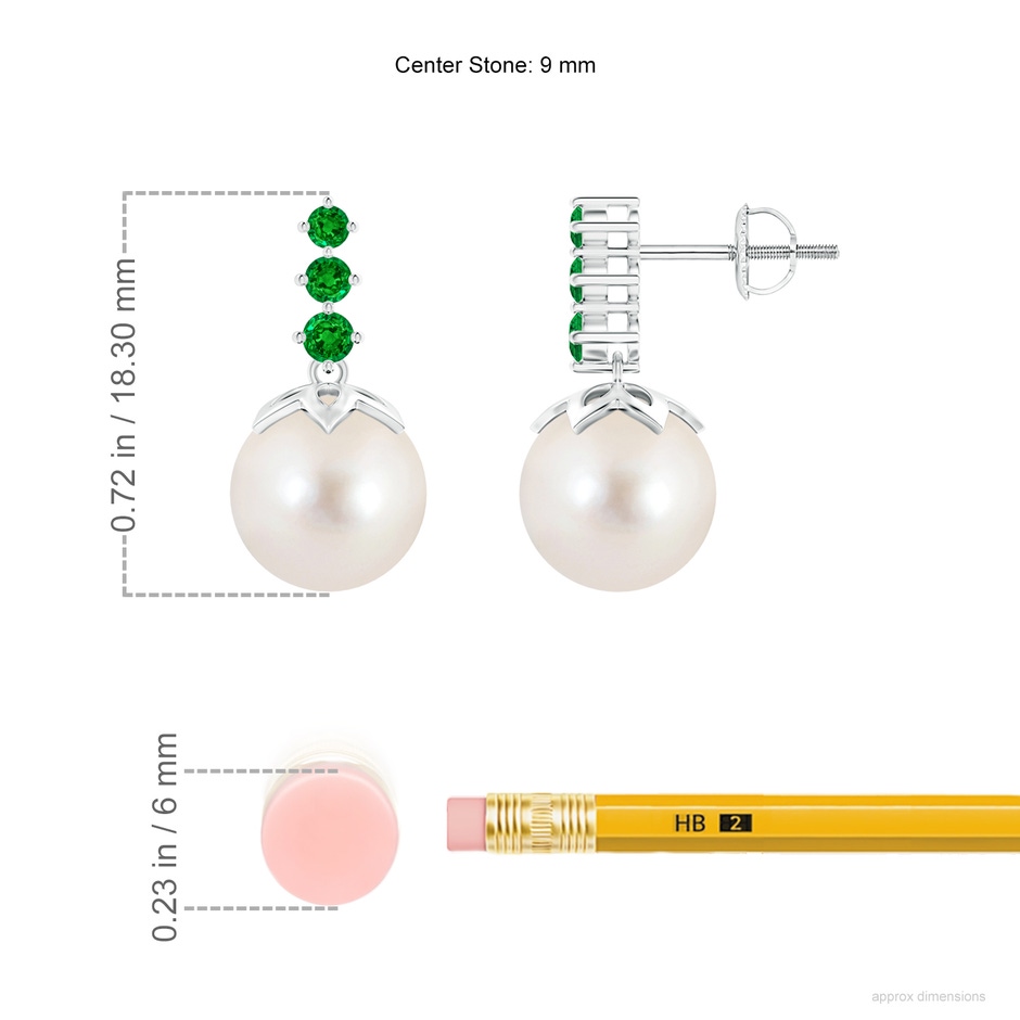 9mm AAAA Freshwater Pearl Earrings with Graduated Emerald in White Gold ruler