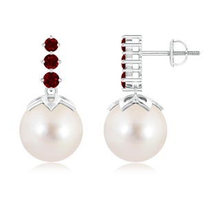 10mm AAAA Freshwater Cultured Pearl Earrings with Graduated Ruby in White Gold