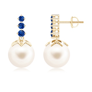 10mm AAA Freshwater Cultured Pearl Earrings with Graduated Sapphire in Yellow Gold