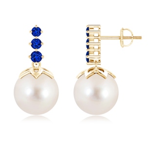 10mm AAAA Freshwater Cultured Pearl Earrings with Graduated Sapphire in 10K Yellow Gold