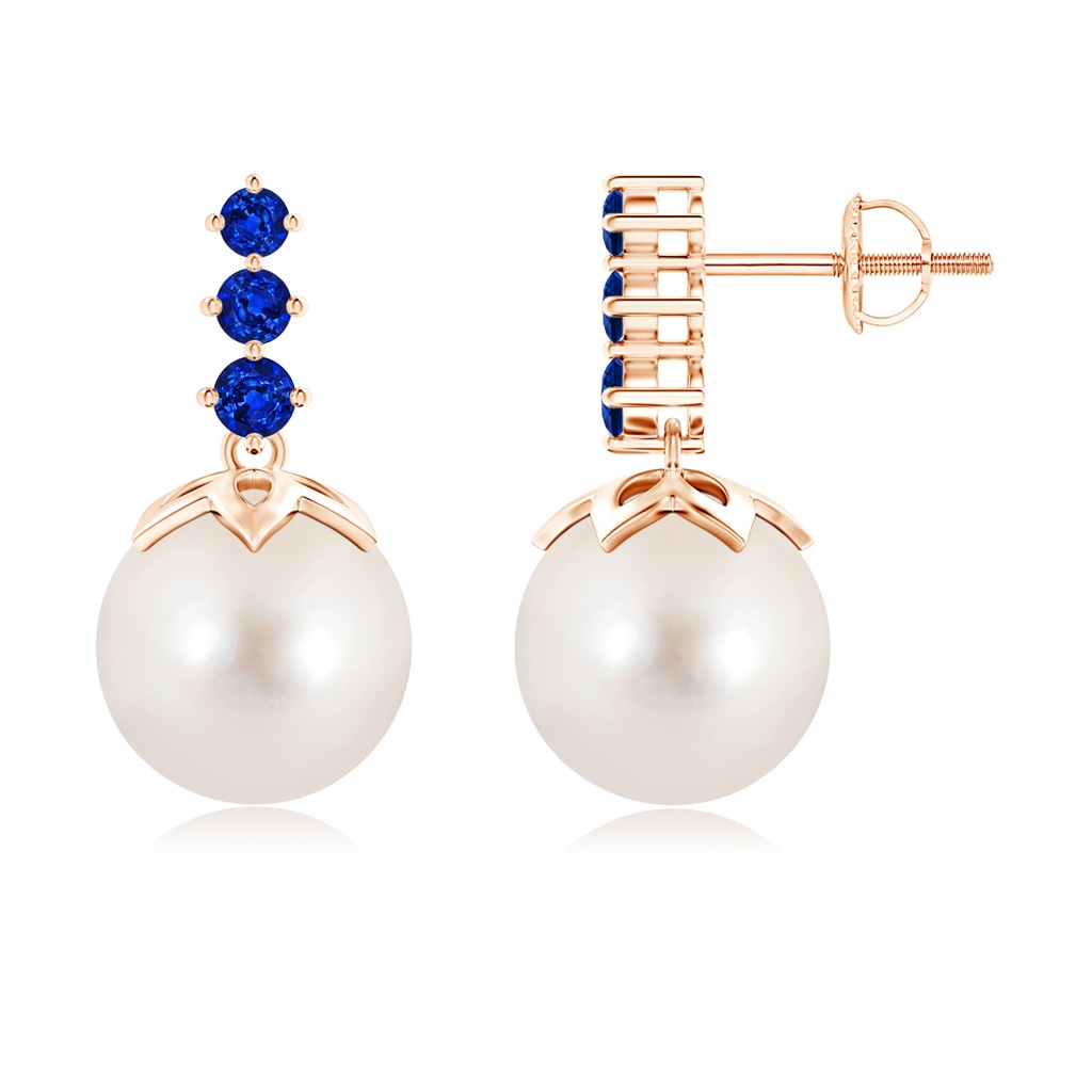 10mm AAAA Freshwater Cultured Pearl Earrings with Graduated Sapphire in Rose Gold