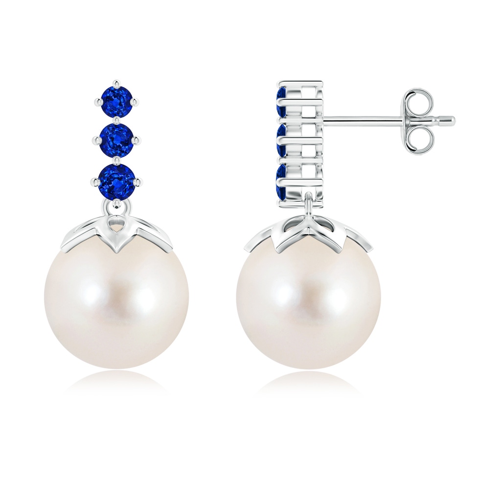 10mm AAAA Freshwater Cultured Pearl Earrings with Graduated Sapphire in S999 Silver