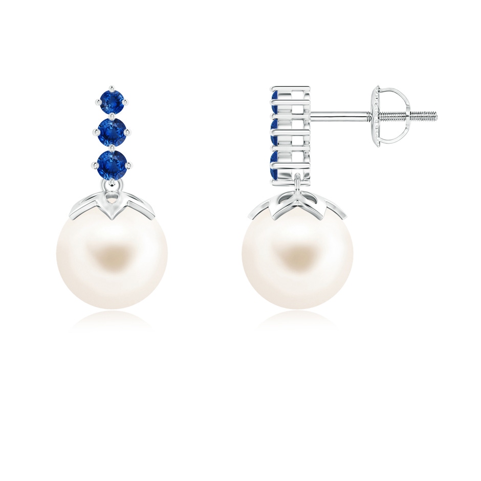 8mm AAA Freshwater Cultured Pearl Earrings with Graduated Sapphire in White Gold 