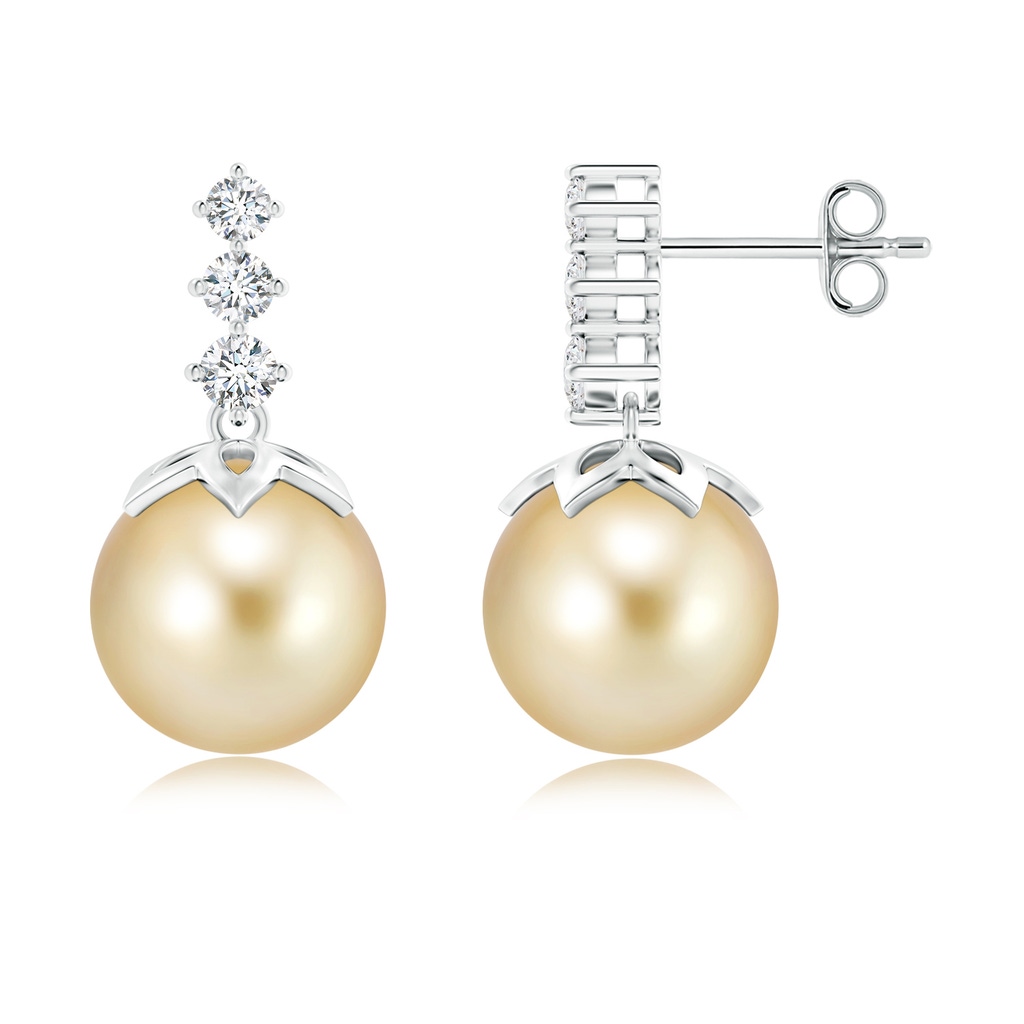 10mm AAAA Golden South Sea Cultured Pearl Earrings with Diamond in S999 Silver