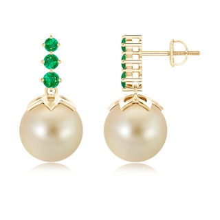 10mm AAA Golden South Sea Cultured Pearl Earrings with Emerald in Yellow Gold