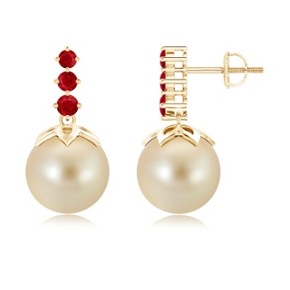 10mm AAA Golden South Sea Cultured Pearl Earrings with Ruby in Yellow Gold