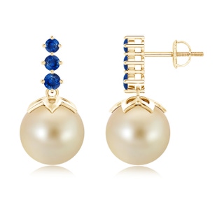 10mm AAA Golden South Sea Cultured Pearl Earrings with Sapphire in Yellow Gold