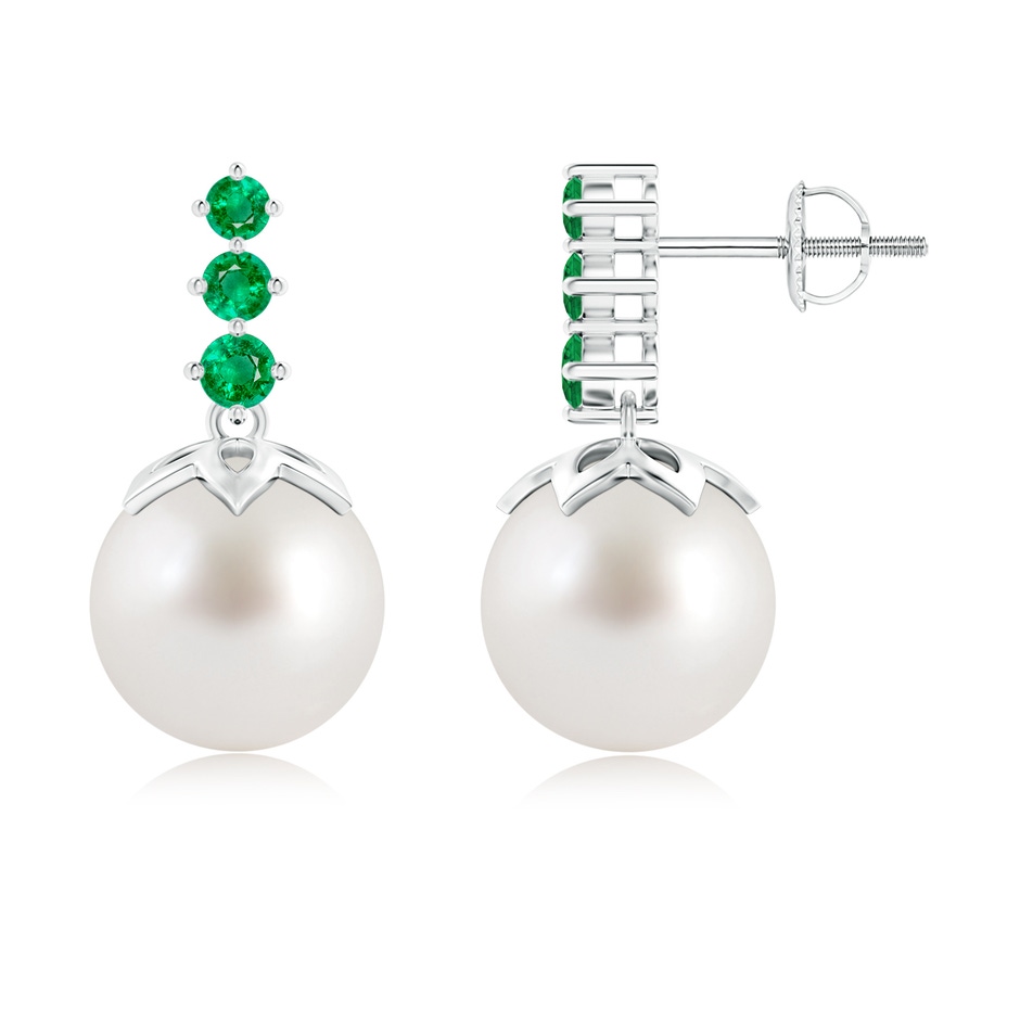 10mm AAA South Sea Cultured Pearl Earrings with Graduated Emerald in White Gold 